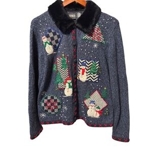 Erika Womens Ugly Christmas‎ Sweater Cardigan Removable Fur Collar Snowman Tree